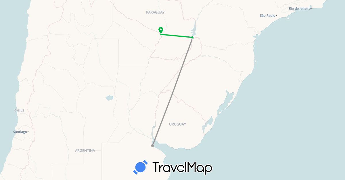 TravelMap itinerary: driving, bus, plane in Argentina, Brazil, Paraguay (South America)
